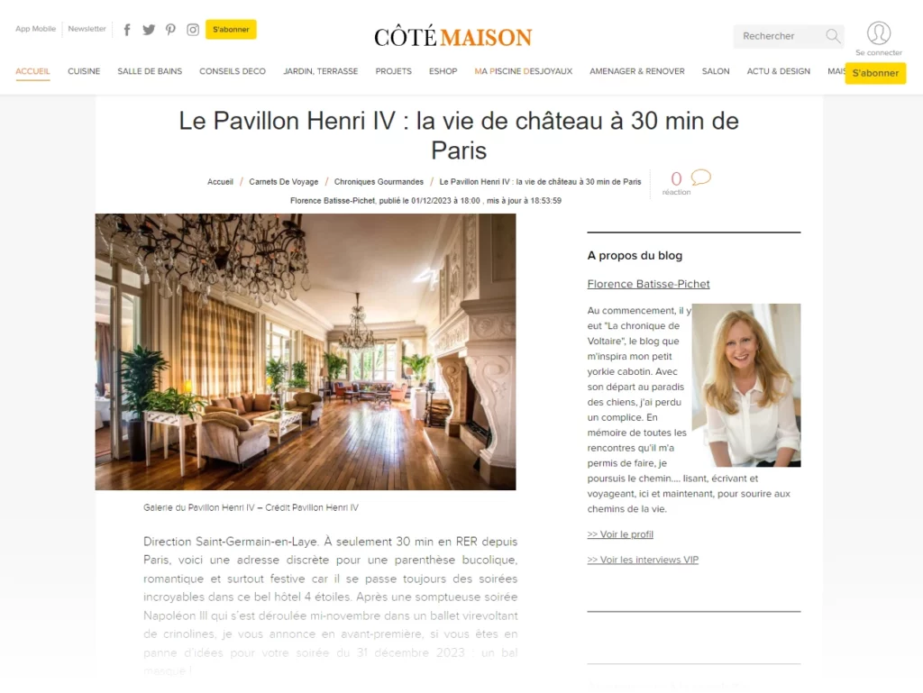 Article sur Le Pavillon Henri IV dans Côté Maison